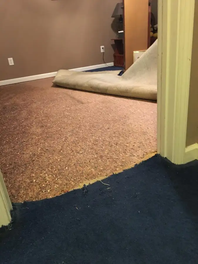 Carpet pad removal revealing water damage during Drying & Dehumidification in Cheektowaga